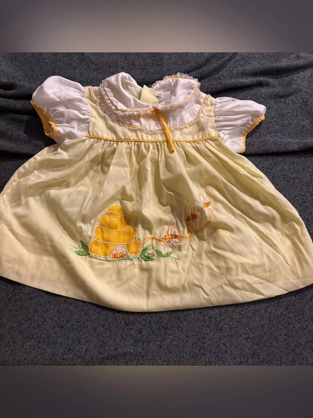 Vintage Yellow baby dress with embroidered beehive and bees, size 18 months